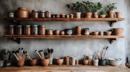 A charming display of rustic kitchen shelves adorned with various artisanal pots, jars, brushes, and lush greenery, creating an inspiring culinary workspace.の素材