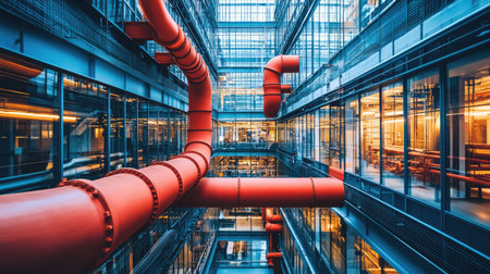 Discover a captivating view of urban architecture showcasing vibrant red pipes set against a backdrop of glass facades, blending industrial design with modern office aesthetics.の素材