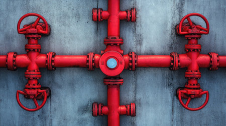 This image showcases a red industrial pipe system featuring several valves against a textured concrete wall, exemplifying modern infrastructure and machinery design.の素材