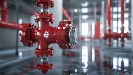 This close-up image features a red industrial pipe fitting in a modern facility, highlighting precision engineering and the intricacies of plumbing. The reflection adds depth and clarity.の素材