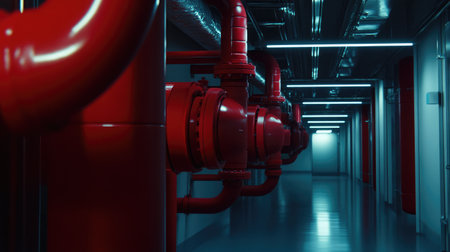 A striking industrial corridor featuring bold red pipes, showcasing modern engineering design and providing an atmosphere of innovation and functionality in infrastructure.の素材