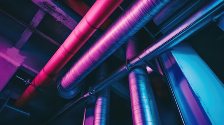 This image showcases an artistic perspective of colorful industrial pipes and ducts illuminated with purple and blue lighting, creating a modern and vibrant atmosphere.の素材