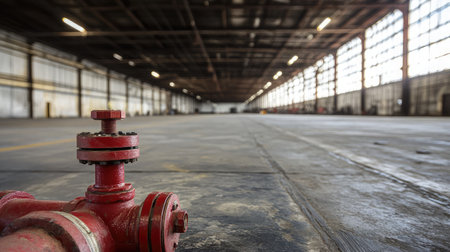 A detailed view of a fire hydrant located in an industrial warehouse space, featuring a clean floor and expansive area filled with natural light from high windows.の素材