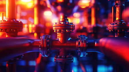 A captivating close-up of industrial piping and valves illuminated by vibrant neon lights, emphasizing the intricate design and functionality essential for modern plumbing systems.の素材