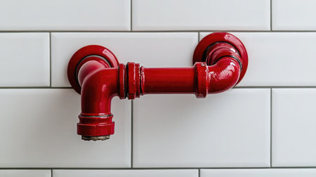 A vibrant red pipe fixture contrasted against a pristine white subway tile background, showcasing industrial design elements for home renovations and decor inspirations.の素材