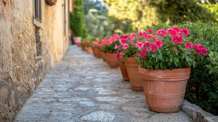 A charming pathway adorned with vibrant pink flowers in terracotta pots, creating a serene and inviting atmosphere perfect for outdoor relaxation and enjoyment.の素材