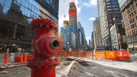 A vibrant image showcasing a red fire hydrant prominently positioned in an urban construction site, surrounded by skyscrapers and a blue sky, highlighting city development.の素材