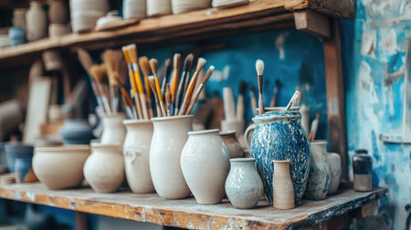 A charming pottery studio showcases an array of handmade clay pots and essential tools, exuding creativity and craftsmanship in a lively and colorful environment.の素材