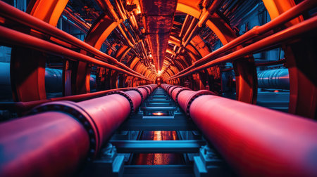 A mesmerizing industrial tunnel featuring long red pipes illuminated by warm orange and red lights, creating a striking visual that highlights modern engineering and urban infrastructure.の素材