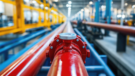A close-up view of a red industrial pipeline and valve system inside a modern manufacturing facility, emphasizing precision engineering for effective fluid transport and control.の素材