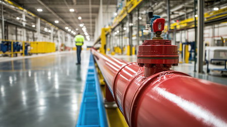 An industrial scene showcasing a prominent red pipe with a valve in a spacious factory, emphasizing manufacturing precision and operational safety practices within the workspace.の素材