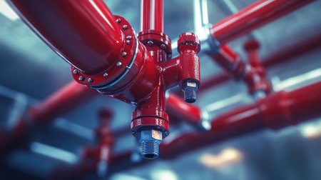 A detailed close-up of red industrial pipes and valves highlighting the intricate design and engineering that support modern infrastructure and fluid transport systems.の素材
