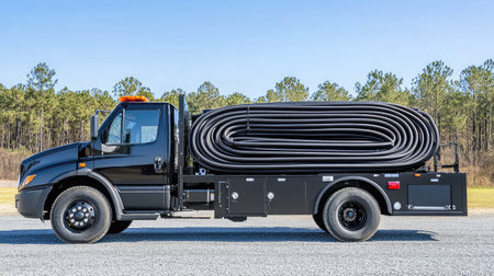 A black utility truck featuring coiled hoses on its flatbed, ideal for various transport and service tasks, set against a clear sky and lush tree background.の素材
