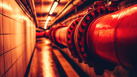 A striking view of industrial red pipes in an underground corridor, illuminated by soft lighting that highlights the gleaming surfaces and unique architectural features.の素材