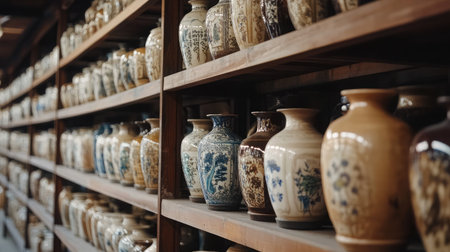 A captivating display of traditional ceramic vessels arranged on wooden shelves, highlighting the intricate designs and rich colors in a cozy gallery ambiance.の素材