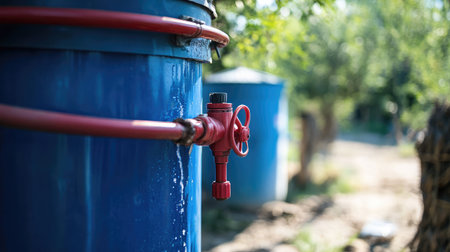 A close-up view of a blue water barrel with a red tap valve, set in a bright, natural environment that highlights the importance of water storage in gardening and agriculture.の素材