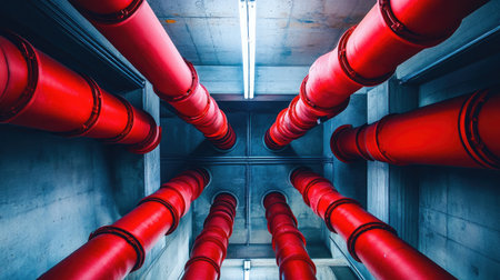 An eye-catching view of red industrial pipes arranged dramatically against a concrete ceiling, highlighting modern architectural design elements and urban engineering features.の素材