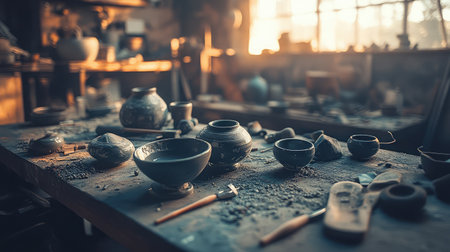 An inviting pottery workshop illuminated by soft light, showcasing various handmade clay pots and tools scattered across a rustic workspace, perfect for artistic projects.の素材