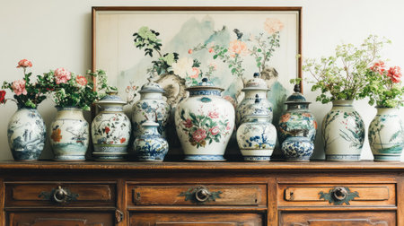 Discover a beautiful collection of traditional vases adorned with floral arrangements, set against a vintage wooden cabinet in a serene and artistic home interior.の素材