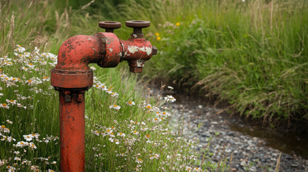 A rustic, rusty red water faucet stands proudly in a lush green setting, surrounded by delicate white flowers near a gentle stream, showcasing the beauty of nature.の素材