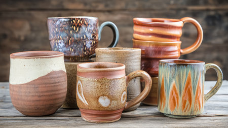 A stunning arrangement of unique handcrafted ceramic mugs showcasing various designs and colors, perfect for adding a touch of rustic charm to any home or cafの素材