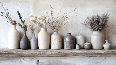 A stunning display of various vases filled with dried flowers on a wooden shelf, set against a rustic wall. This serene arrangement enhances any home decor style beautifully.の素材