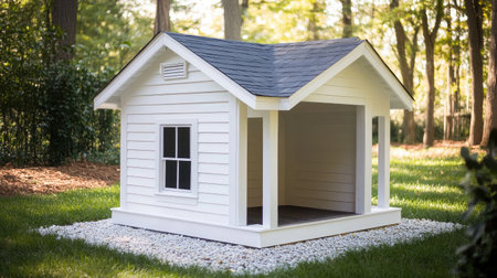 A delightful white playhouse nestled in a vibrant green garden, offering a perfect outdoor play space for children to nurture their creativity and imagination.の素材