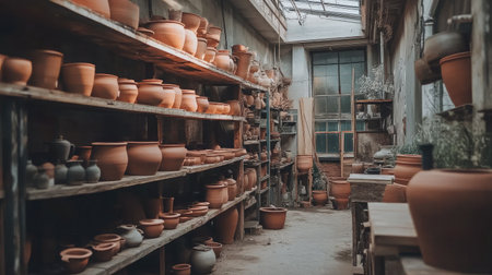 A charming pottery studio filled with various handcrafted clay pots and warm natural light, ideal for showcasing the beauty of ceramic art and creation.の素材