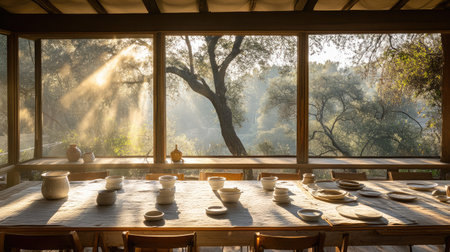 A rustic dining area featuring a wooden table set with pottery, illuminated by soft morning light filtering through large windows, creating a peaceful atmosphere.の素材