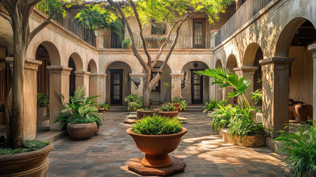 A tranquil courtyard featuring vibrant plants and elegant arches, illuminated by warm sunlight, creating a serene outdoor living environment ideal for relaxation.の素材