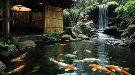 Explore a serene Japanese garden featuring vibrant koi fish swimming in a peaceful pond, complemented by lush greenery and a gentle waterfall, creating a tranquil atmosphere.の素材