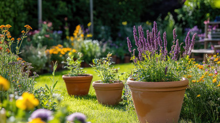 A vibrant garden scene showcasing terracotta pots filled with lavender and colorful flowers, illuminated by sunshine, creating a serene and inviting outdoor atmosphere.の素材
