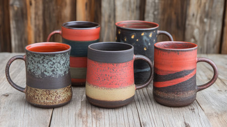 A stunning collection of uniquely designed ceramic mugs showcasing vibrant glazes and textures, ideal for serving drinks or as charming decorative pieces in any home.の素材