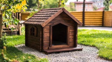 This appealing wooden dog house features a charming design nestled in a vibrant garden with lush grass and a wooden fence, offering a cozy retreat for pets.の素材