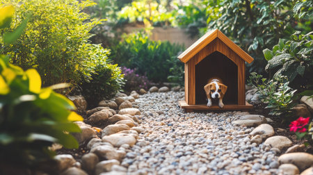 A playful puppy peeks out from a wooden dog house, surrounded by vibrant greenery and colorful flowers, creating a serene and joyful garden scene.の素材