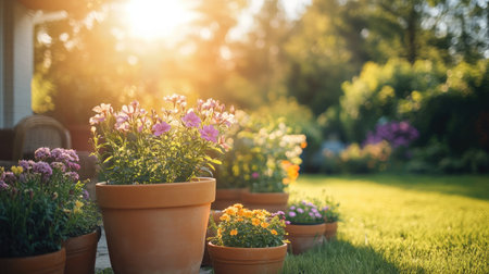 This beautiful garden scene captures a serene moment with vibrant flowers in terracotta pots, illuminated by warm sunlight, creating a peaceful outdoor atmosphere perfect for relaxation.の素材