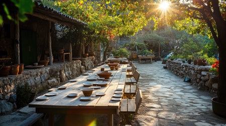 A picturesque outdoor dining space featuring rustic wooden tables set amidst lush greenery, perfect for gatherings and al fresco meals under the warm sunlight.の素材