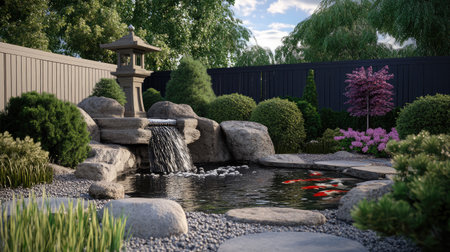 A serene Japanese garden featuring a cascading waterfall, a koi pond, and decorative lanterns, surrounded by vibrant flowers and lush greenery for a peaceful outdoor experience.の素材