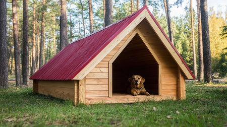 A charming wooden dog house nestled in a peaceful forest, featuring a relaxed golden retriever inside, enjoying the tranquility of nature on a sunny day.の素材