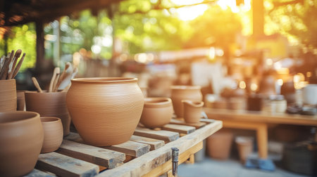 Discover a serene pottery workshop filled with beautifully crafted clay pots and bowls, bathed in warm sunlight, reflecting the artistry and creativity of handmade traditions.の素材