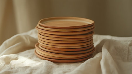 A serene image of stacked handcrafted wooden plates resting on soft fabric, ideal for showcasing rustic kitchen styles or enhancing home decor concepts with natural elements.の素材