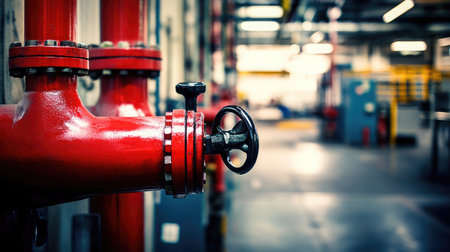 A detailed view of a red industrial valve on a pipe within a manufacturing facility, highlighting the essential role of effective control systems in production environments.の素材