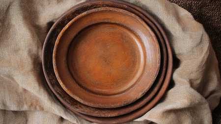 A pair of rustic earthenware plates stacked on soft, natural fabric creates a warm and inviting presentation ideal for culinary, decorative, or home styling purposes.の素材