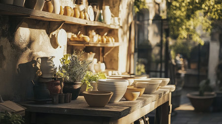 This charming outdoor scene features a rustic display of pottery and bowls, accentuated by fresh herbs and soft sunlight, perfect for home decor and culinary inspiration.の素材