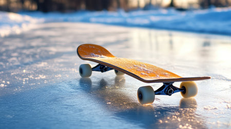 A skateboard resting on a glossy ice surface, showcasing winter's charm with soft sunlight illuminating the scene and highlighting the board's unique design.の素材