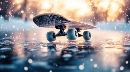 A striking image of a skateboard resting on a glossy icy surface, surrounded by softly falling snowflakes during a golden winter sunset, evoking a serene yet dynamic mood.の素材