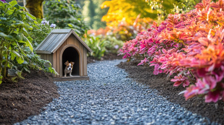 A delightful scene of a small dog peeking from a wooden doghouse in a picturesque garden, surrounded by blooming flowers and a serene gravel path.の素材