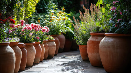 A serene garden pathway showcases colorful flower pots surrounded by lush green foliage, creating a vibrant atmosphere perfect for garden lovers and outdoor enthusiasts.の素材