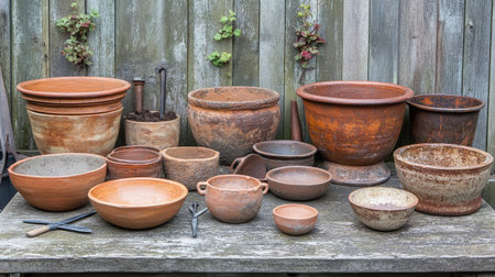 A stunning collection of terracotta pots and clay bowls displayed on a wooden surface, showcasing rustic beauty and artistic craftsmanship in a serene garden environment.の素材