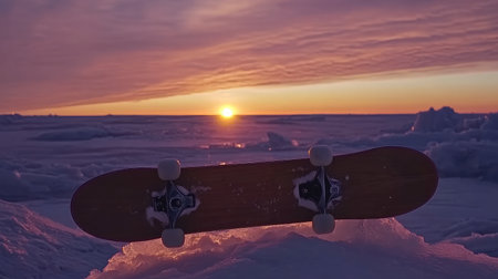 A striking scene featuring a skateboard resting on snow with a stunning sunset backdrop, showcasing vibrant colors and the tranquil beauty of nature in winter.の素材